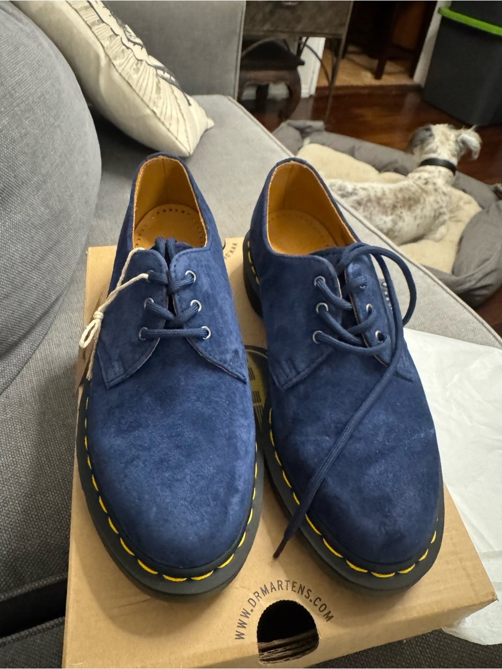 Dr. Martens Men’s 7 or woman size 8-indigo/ Navy Suede 3-Eye  Yellow Stitching